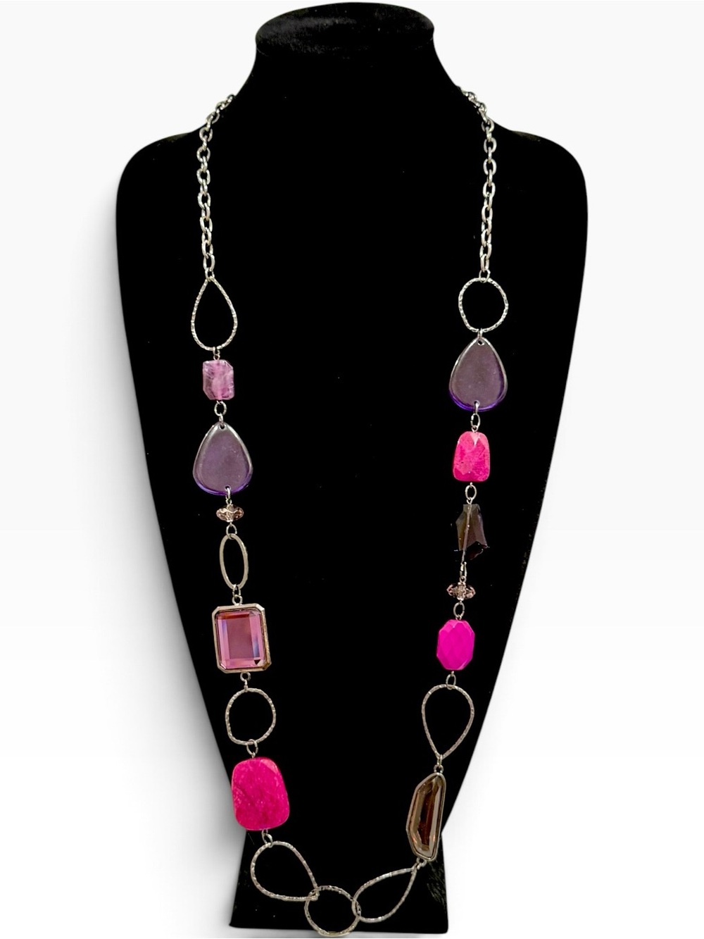 Chico’s Purple Pink Gemstone Long Necklace 36” NWT